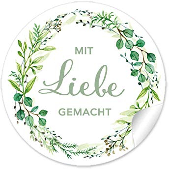 72 STICKER Mit Liebe gemacht Grün mit Zweigen, Für Gastgeschenke, Hochzeit, Hochzeitsmarmelade, Tischdeko, Selbstgemachtes, Aufkleber 4 cm, rund, matt