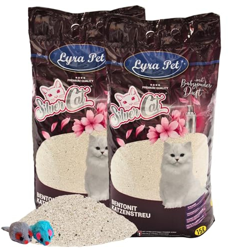 Lyra Pet® 30 Liter Silver Cat Katzenstreu Bentonit mit Aktivkohle + 2 Mäuse | Duftet nach Babypuder - Feuchtigkeit wird Absorbiert - Naturprodukt aus Bentonit - Sparsam durch Klümpchenbildung - Staubarm