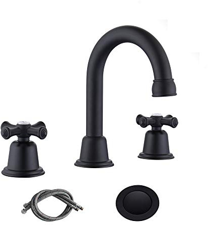 RKF Bathroom Faucets for Sink 3 Hole Matt Black 8 inch Widespread Bathroom Sink Faucet with Drain 2 Handles Cross Knobs Faucet Vanity Faucet Basin Mixer Tap with Hose & Deck CWF039-MB