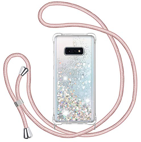 TUUT Handyband für Samsung Galaxy S10e Hülle mit Band, Glitzer Treibsand Handyhülle mit Kordel zum Umhängen Transparent Stoßfest Schutzhülle mit Kette Schnur, Quicksand Necklace Case in Roségold