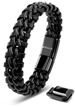 SERASAR Läderarmband för Män 17cm Flätat Svart Armband Pojkarmband Hanarmband Smyckepresentidé Jubileumspresenter Present till Make, Pojkvän, Vänner