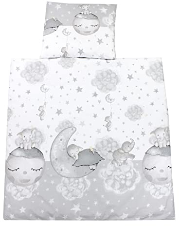 TupTam Biancheria da Letto per Carrozzina e Culla da 4 pezzi, Luna con elefante/Grigio, 80x80 cm