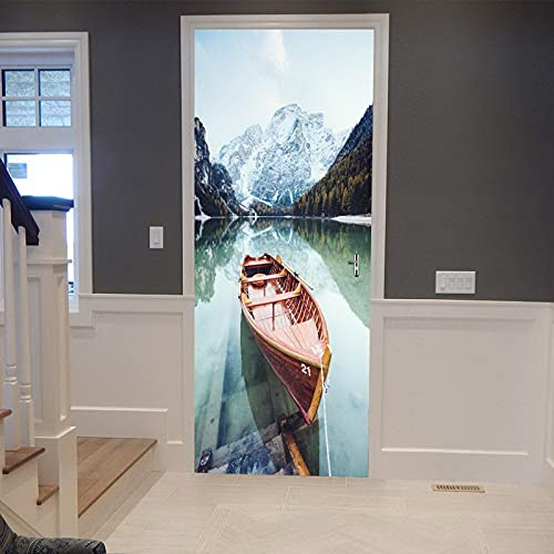 A.Monamour Türtapete Selbstklebend Türfolie Türposter 3D Wald Berg EIN Boot Am Pragser Wildsee Naturlandschaft Vinyl Folie Türdeko Tapete Wandbild Türaufkleber Türtattoo 77 x 200 cm