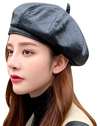 Damen Leder Baskenmütze Casual Französische Hüte Solide Newsboy Cabbie Beanie Cap, schwarz, Einheitsgröße