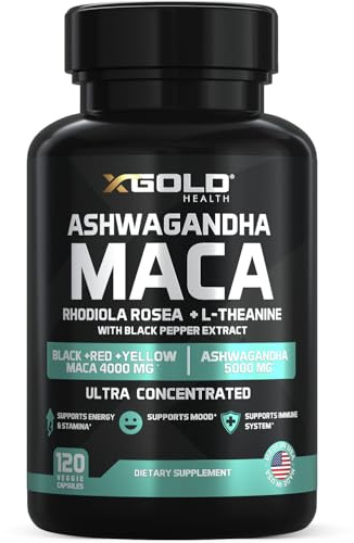 Ashwagandha 5,000mg + Maca Root Black, Red, Yellow 4,000mg, Rhodiola & L-Theanine: 30:1 Extract Ashwagandha Capsules, 20:1 Extract Maca Root Capsules - Supplement for Men and Women