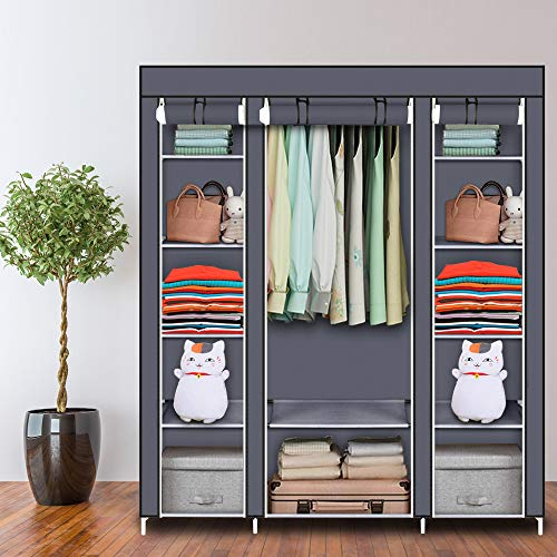 LEADZM Kleiderschrank, Faltschrank Stoffschrank Faltbare Garderobe Canvas mit Reißverschluss, Fächern, für Schlafzimmer, Wohnzimmer (Grau, 150 x 45 x 175 cm)