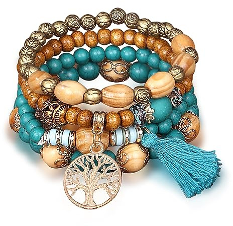 Stjärntimmar, 4 stycken boho-armband, damer, chakraarmband för kvinnor, smycken, boho-armband med träpärlor och tofsar, chakraarmband, livets träd-hänge, kärlek, uttalande armband, 18cm,