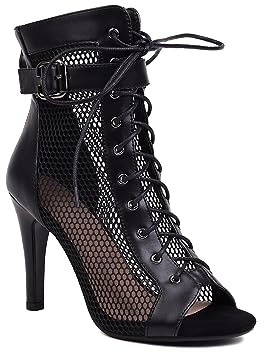 UTIKLIOU Womens Mesh Sandals Peep Toe High Top Sandals Lace Up Summer Boots Buckle Strap Party Sexy Pump Shoes Open toe (Black Size 9.5-10)