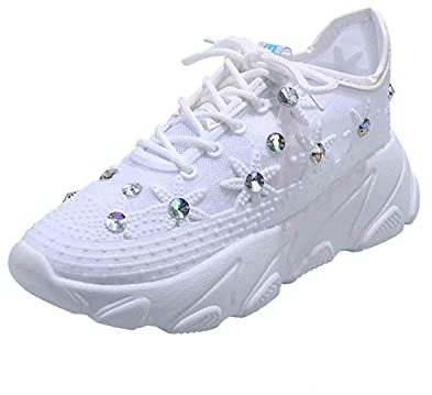 Gymnastikskor dam strass glitter – sportskor dam platåsneakers andas tennisskor mjuk sula fritidsskor bekväma halkfria joggingskor löparskor för gator snörskor, Vit, 39 EU