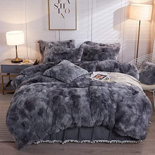 Nyescasa Plüsch Bettwäsche Set 200x200 Grau Anthrazit Warme Winter Langhaar Flauschige Biber Wendebettwäsche Cashmere Touch Fleece Bettbezug mit Reißverschluss und 2 Kissenbezug 80x80cm