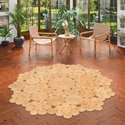 Pergamon Natur Teppich Handgefertigt Jute Rund Wohnzimmer Boho mit Bordüre oder Ethno Style