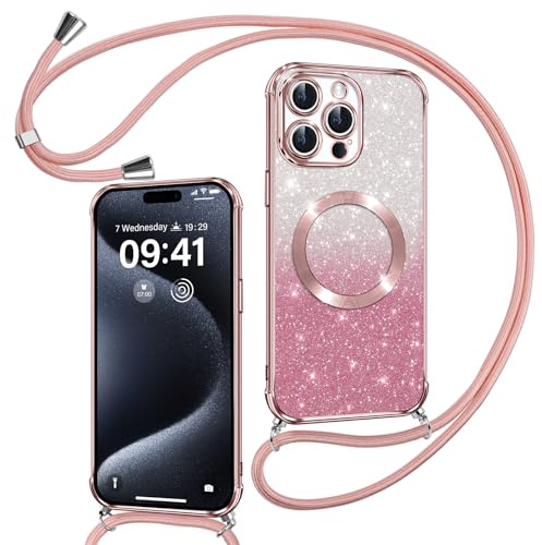 Phoona Cover Magnetica Glitter per iPhone 15 Pro Max con Cordino, Rosa | [Compatibile con MagSafe] Brillantini Sottile Lucida TPU Silicone Custodia Antiurto Laccio Tracolla Protettiva