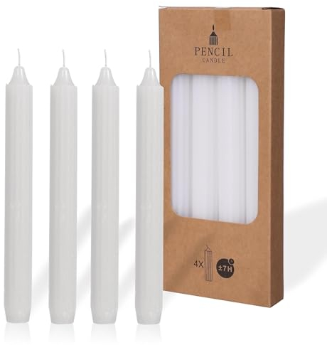 COMFORDER Juego de 4 velas de mesa monocromáticas + acanaladas, 20 cm, 7 horas de combustión, color blanco