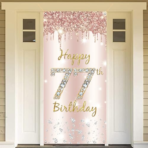 77. Geburtstag Deko Frauen, Happy 77th Birthday Door Banner Roségold Stoff Schild Plakat Türdekoration, 77. Geburtstag Hintergrund Banner Damen, Geburtstagsfeier Willkommensschild