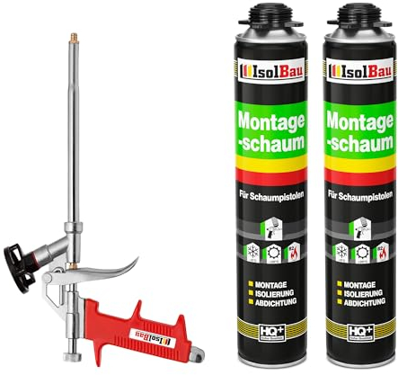 Isolbau Bauschaum-Set - Inkl. 2 x 1K Montageschaum B2 Pistolenschaum mit hervorragender Schall und Wärmedämmung (je 750 ml) & 1x Schaumpistole, Verfüllen