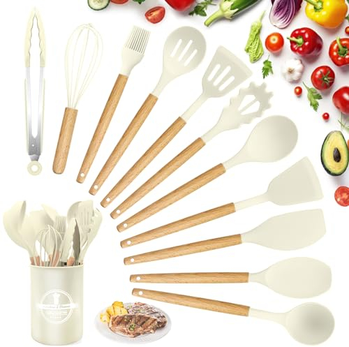 Utensili da cucina in silicone 22 pezzi, set di utensili da cucina per pentole antiaderenti, al calore e antiaderenti con manico in legno per utensili senza BPA