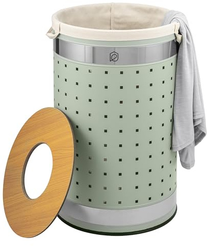 eluno runde Wäschetonne, Wäschekorb, Wäschesammler mit waschbarem Wäschesack und abnehmbaren Deckel, 50 Liter Fassungsvermögen für Schlafzimmer, Badezimmer, Wäscheaufbewahrung aus Metall (Mint)