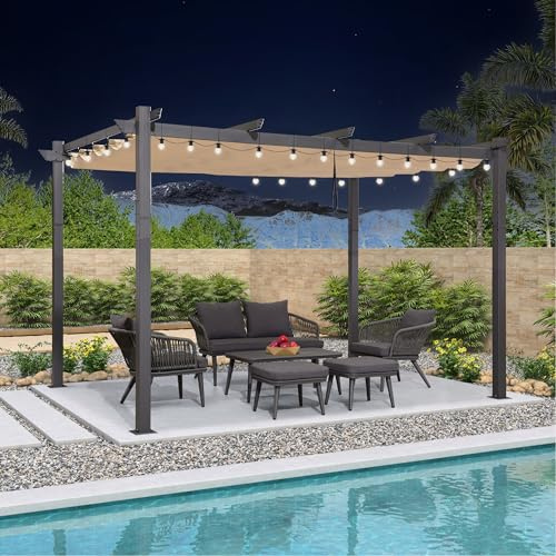 PURPLE LEAF Pergola Aluminium 4 x 3 m avec LED UPF 50+ Toit Coulissant Kaki | Ambiance élégante, Sans entretien, Montage facile, Tissu teint en fil 180 g/m², Fait pour durer, Pergola Jardin Extérieur