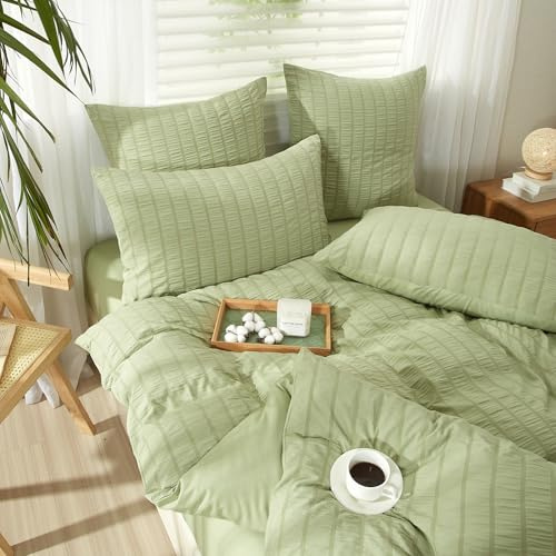 YASMENG Juego de ropa de cama Seersucker, 220 x 240 cm, ropa de cama verde a rayas, Seersucker, ropa de cama moderna, 3 piezas, juego de funda de edredón de microfibra suave y transpirable con