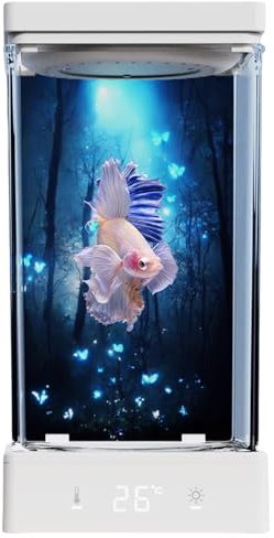 TIHONORI Kampffisch Aquarium - 1,4L Desktop Mini Aquarium Kit mit Bodenablauf, USB-Smart-Temperaturregelung, Einstellbare LED-Leuchten - Tisch-Kampffisch-Aquarium,Fish Tank