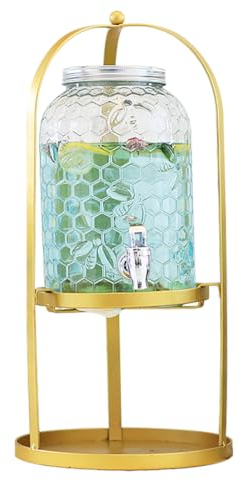 4L Glass Beverage Dispenser with Leak Proof Spigot and Lid Mason Jar Style for Ice Cold Water, Juice, and Drinks Ideal for Parties and Daily Use Includes Gold Stand and 4 Cups