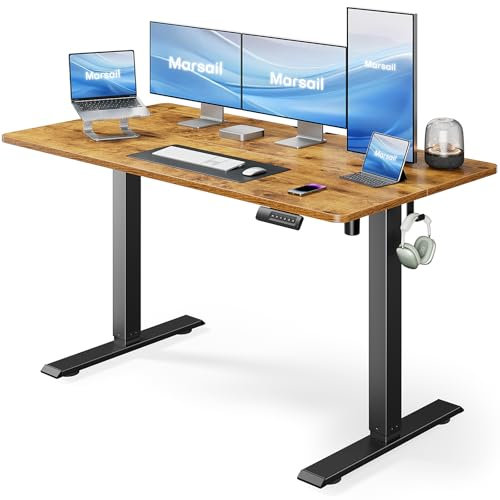 Marsail Elektrischer Stehpult, höhenverstellbar, Heimbüro, Schreibtisch, groß, 140 x 61 cm, Sitz-Steh-Computertisch, mit 4 Speichervoreinstellungen, Kopfhörerhaken, Kabel-Organizer, rustikales Braun