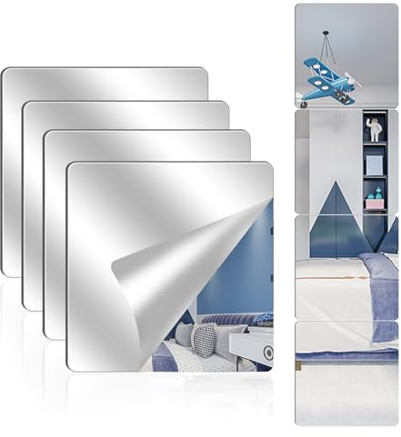 Vandlciad Confezione da 4 specchi in acrilico per parete, 20,3 x 20,3 cm, autoadesive, piccole piastrelle a specchio senza cornice, in plastica flessibile, per camera da letto, casa, porta della
