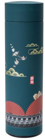 Urban Tokyo Vacuum Insulated Coffee Tea Travel Thermal Flask Water Bottle with Removable Strainer Featuring Elegant Asian Art Design 16.9 fl oz (Blue)