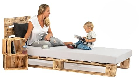 Lermowood Palettenbett M1 aus Holz 90 x 200 cm Geflammt mit Kopfteil Holzbett 20cm Stabiles Seniorenbett Kinderbett Jugendbett Gästebett erhöhtes Einzelbett Bettgestell Futonbett Komforthöhe Naturholz