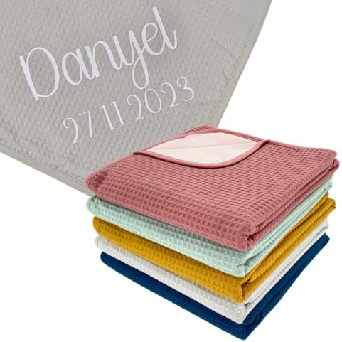 Generisch personalisierte Babydecke Waffelpique mit dem Namen und Geburtsdatum des Babys, Baumwoll Decke Baby Waffelstoff