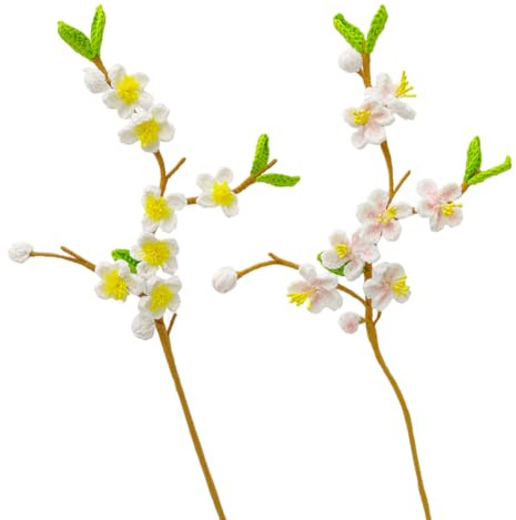 Magicherry 2 bouquet di fiori di pesco fatti a mano all'uncinetto, 50 cm, rami di pesco artificiali per casa, interni, matrimonio, tavolo, vaso, decorazione, rosa + giallo