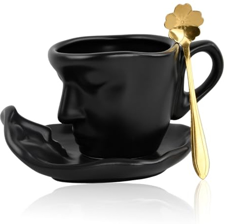 Culinavog Ensemble de tasses à café en céramique avec soucoupe, tasse à café expresso en porcelaine avec cuillère pour la maison, support à lait avec poignées pour restaurants, tasses à expresso pour
