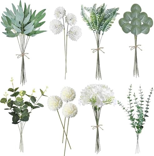 Horolas 55 Stück Künstliche Blumen & Zweige Kunstpflanzen mit 10M Bindfaden, Kunstblume Hortensien und Eukalyptus, Kunstblumenstrauss Eukalyptus Hortensien für DIY Blumenstrauß Brautstrauß Hochzeit