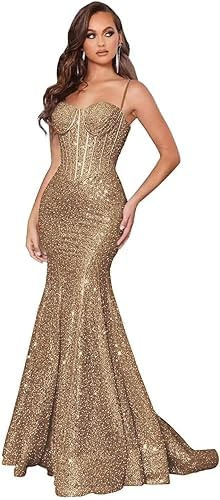 Pailletten-Abschlussballkleider, glitzernd, lang, Meerjungfrau-Abendkleid, Spaghettiträger, figurbetontes, formelles Partykleid, taupe, XS