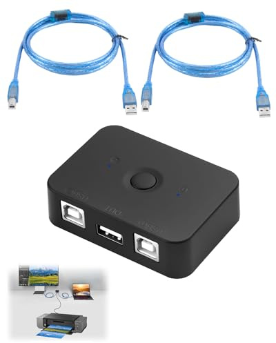Conmutador de intercambio de impresora USB 2 puertos USB B - 2 ordenadores comparten 1 impresora, 2 en 1 salida de impresión Sharer, interruptor manual, con luz LED, con 2 cables de impresora de 1,5 m