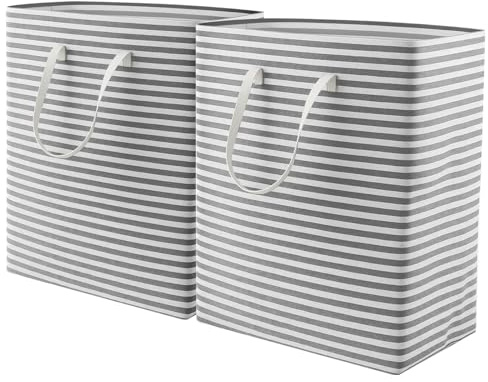 Youyijia Wäschekorb 2 Fächer 80L Wäschesammler Faltbare Wäschebox Wäschesack Laundry Baskets Wäschesortierer/Aufbewahrungsbox mit Griffen für Kleidung 67X40X32cm Pfandflaschen Sammelbehälter Grau&Weiß