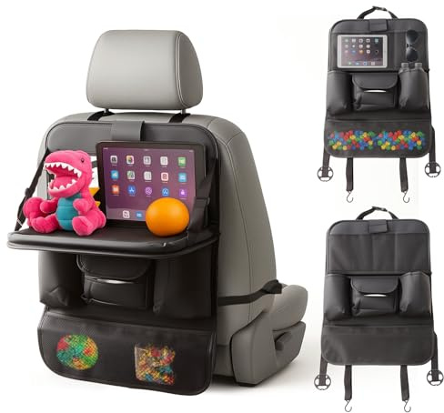 LN COZY CORNER Car Seat Organizer for Kids, Backseat Car Organiser with Tablet Holder, Kick Mat Protection and 9 Storage Pockets, Car Travel Accessories – Black (With Table)