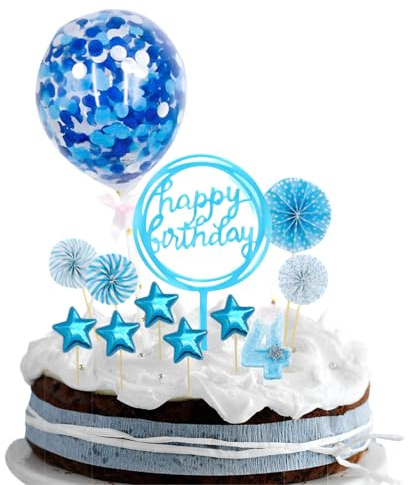 GGUFAY Bleu Décoration Gâteau Anniversaire, bougie 4 ans, Ballon à Paillettes, Étoiles, Décor Feu d’Artifice & Bougie Numérique, pour Fêtes d’Anniversaire Garçon & Fille, 12 Pièces