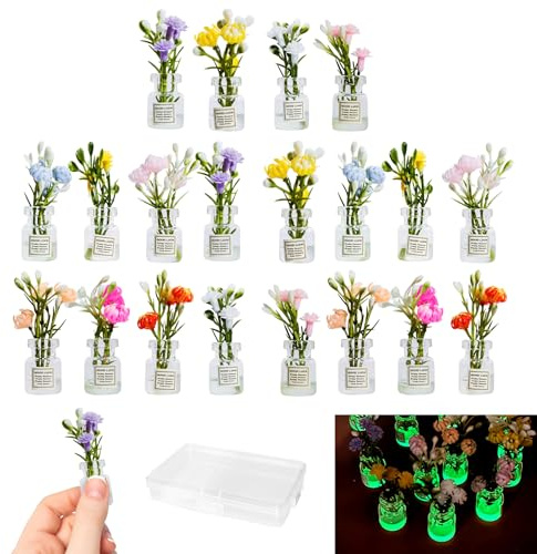 Hanycon 20PCS Cute Flower Bouquet in Glass Vase Miniature Flowers with Luminous Vase Mini Artificial Plants for Fairy Garden DIY Garden Plant Pot