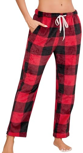 Vlazom Pyjamas för kvinnor, tjocka fleecebyxor, supermjuka loungebyxor, varma rutiga byxor för vinter, myskläder med dragsko och fickor, S-XXL, Röd, S