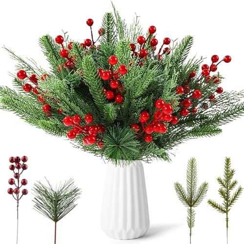 Szhhrxi 60 Pezzi Rami di Pino Artificiale di Natale e Bacche Rosse, Rami Natalizi Decorativi 4 Design, Rami di Abete Decorativi per Corona dell'Avvento, Albero di Natale, Decorazioni Natalizie