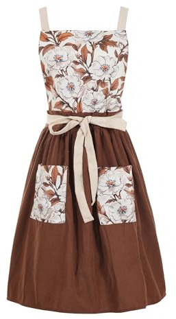 Pinknoke Vintage Pinafore Apron Dress for Women with Pockets Cute Floral Chef Aprons for Kitchen Cooking Baking Gardening (Brown)