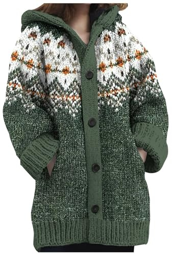 Duohropke Norvégien Cardigan d'hiver en grosse maille pour femme avec capuche Alpaga Multicolore Long Pull à capuche Boutons Jacquard Sweatshirt chaud Pull en tricot épais Veste matelassée, 01 vert