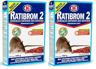 Pack 2 Unidades Ratibrom 2 Cereales 150g - Impex. Raticida para Ratas y Ratones Muy apetecible. Eficaz con una Ingesta. Mayor atraccion. Listo para Usar.
