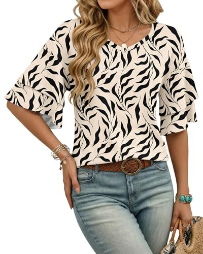 WNEEDU Magliette Donna Manica Corta Estivo T Shirt Collo a V Stampa Floreal Top Camicia Donna Elegante Maniche a Balze Taglio Ampio Casual Blusa Albicocca Foglia Nera XL