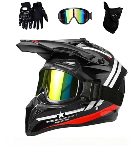 DriveNova Motocross MTB Fullface-hjälm, crosshjälm för vuxna med glasögon, mask och handskar, motorcykelrad downhill fullface-hjälm inklusive 2 storlekar, hjälmfoder (röd, S-M)