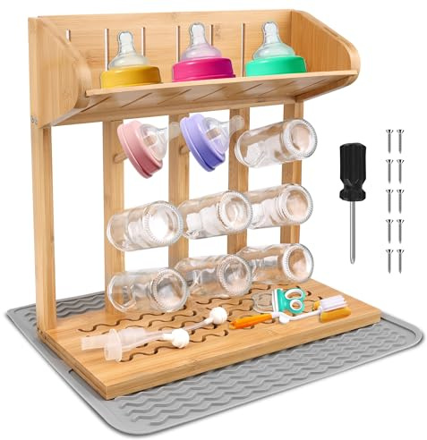 Windspeed Wooden Bottle Drying Rack for Baby Bottle Rack Dryer with Drain Pad, Space Saving for 11 Milk Glass Baby Feeder, Ideal Too for Busy Parents