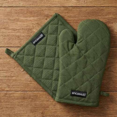 Encasa XO Oven Glove & Potholder Set, Heat Resistant Cooking Mitt Green | 100% Pure Cotton | Heat Resistant | Non-Slip Grip | Microwave & Oven Safe | 2 Piece Set