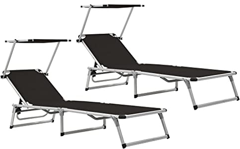 Frdhee Tumbona de camping balancín, tumbonas plegables con techo, 2 unidades, aluminio textileno negro, tumbona de jardín para balcón, jardín, playa, ligera y fácil de transportar