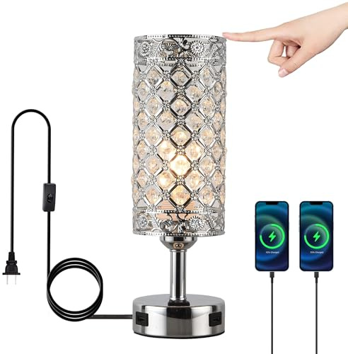 OURLOVEII Lampe de table Moderne Cristal Chromé avec Fonction de Recharge, Lampe de chevet Cristal avec Ports USB Prises Secteur, Lampe de table E27 avec Abat-jour Cristal pour Chambre à coucher
